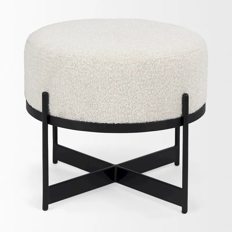 Pouf rotondo in tessuto bouclé color crema con base in metallo nero