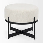 Pouf rotondo in tessuto bouclé color crema con base in metallo nero