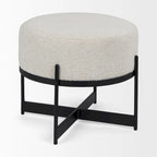 Pouf rotondo in tessuto bouclé color crema con base in metallo nero