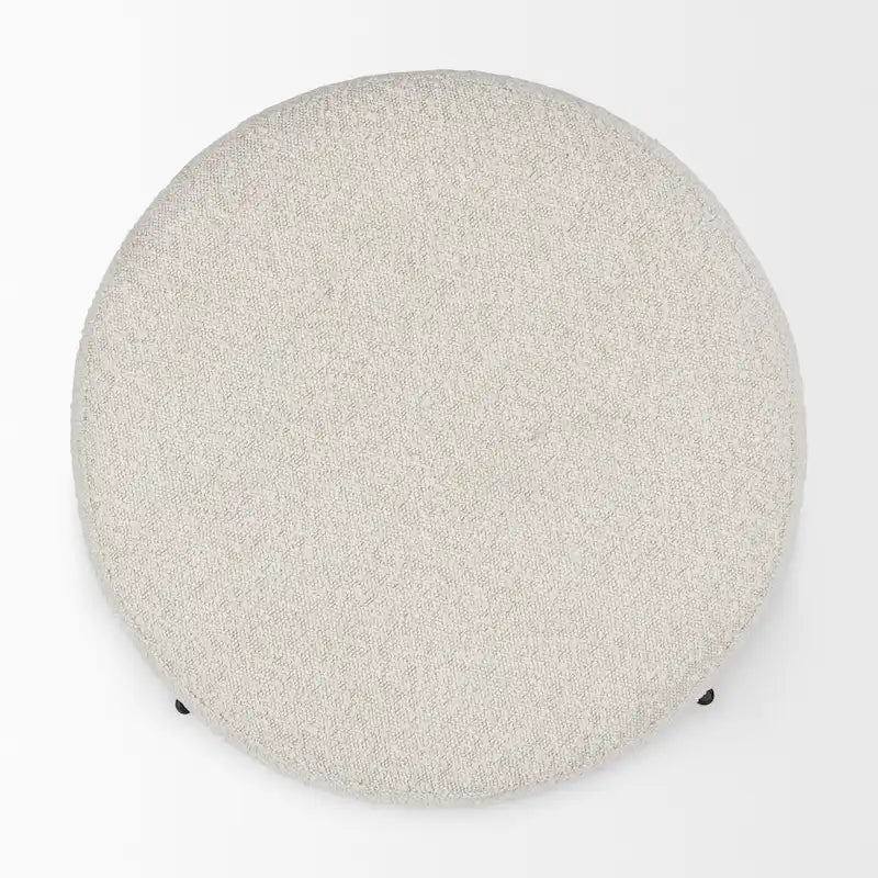 Pouf rotondo in tessuto bouclé color crema con base in metallo nero