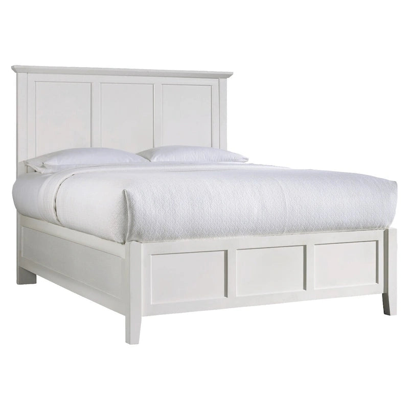 Letto matrimoniale basso in legno massello di mogano con testiera a pannelli, bianco