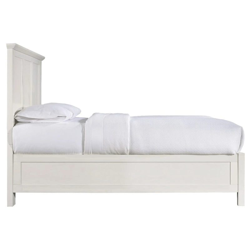 Letto matrimoniale basso in legno massello di mogano con testiera a pannelli, bianco