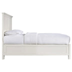 Letto matrimoniale basso in legno massello di mogano con testiera a pannelli, bianco
