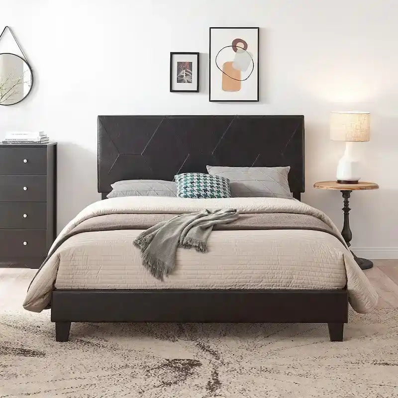Struttura letto imbottita con piattaforma Queen Size con supporto a doghe in legno, pelle PU nera