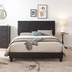 Struttura letto imbottita con piattaforma Queen Size con supporto a doghe in legno, pelle PU nera
