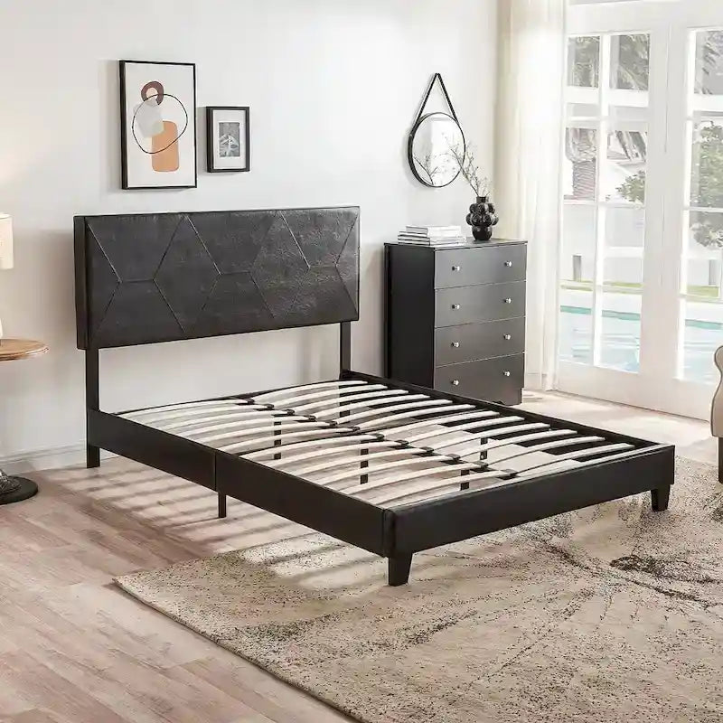 Struttura letto imbottita con piattaforma Queen Size con supporto a doghe in legno, pelle PU nera