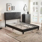 Struttura letto imbottita con piattaforma Queen Size con supporto a doghe in legno, pelle PU nera