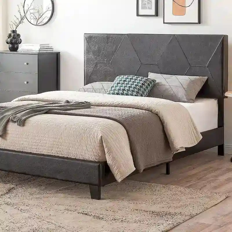Struttura letto imbottita con piattaforma Queen Size con supporto a doghe in legno, pelle PU nera