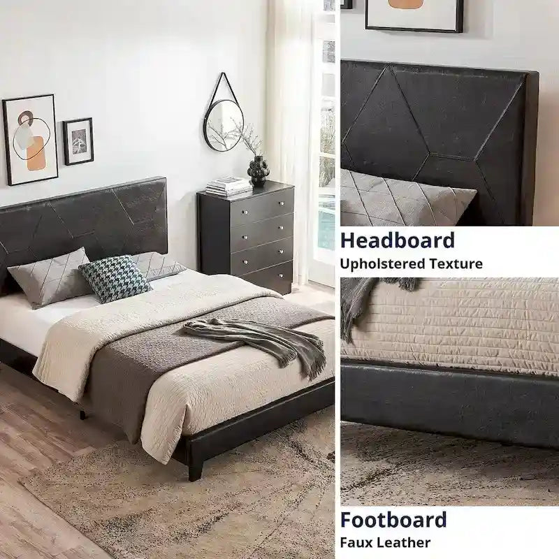 Struttura letto imbottita con piattaforma Queen Size con supporto a doghe in legno, pelle PU nera