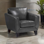 Sofy 37 Inch Accent Chair, Dark Gray Top Grain and Faux Leather, Solid Wood