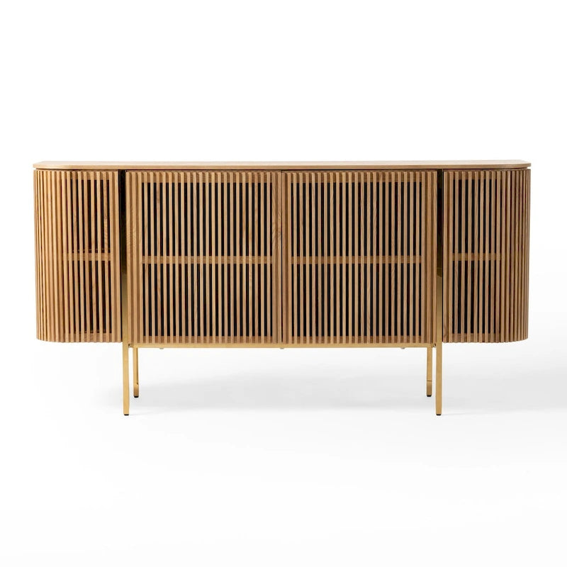 Credenza moderna in frassino naturale con gambe dorate