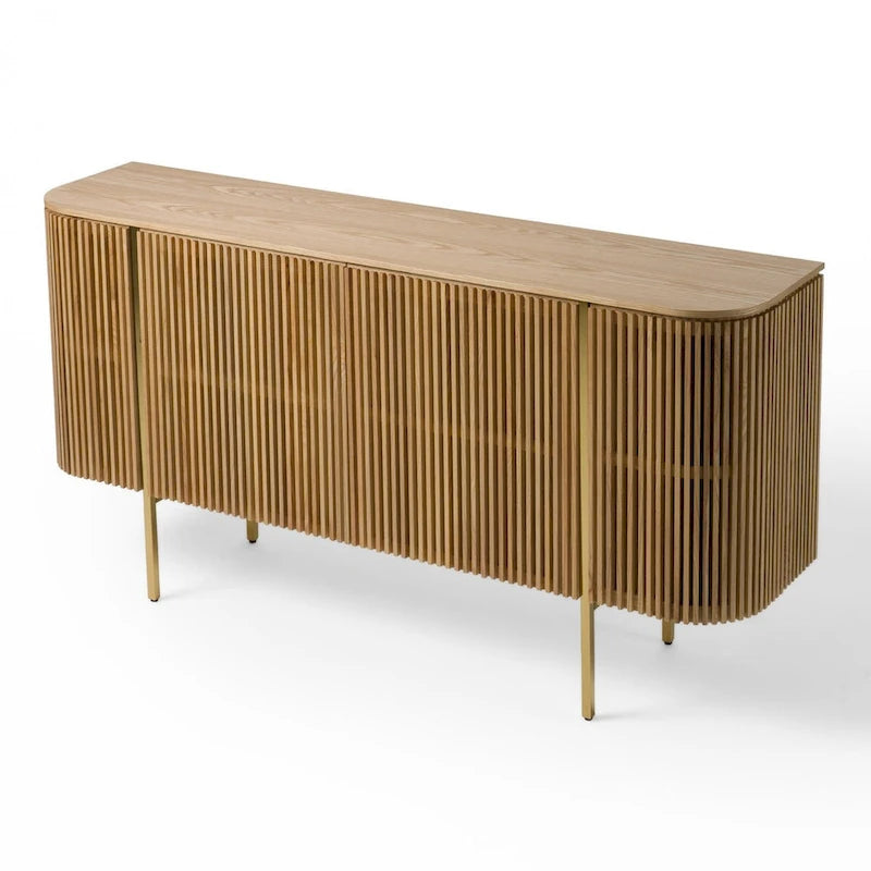 Credenza moderna in frassino naturale con gambe dorate