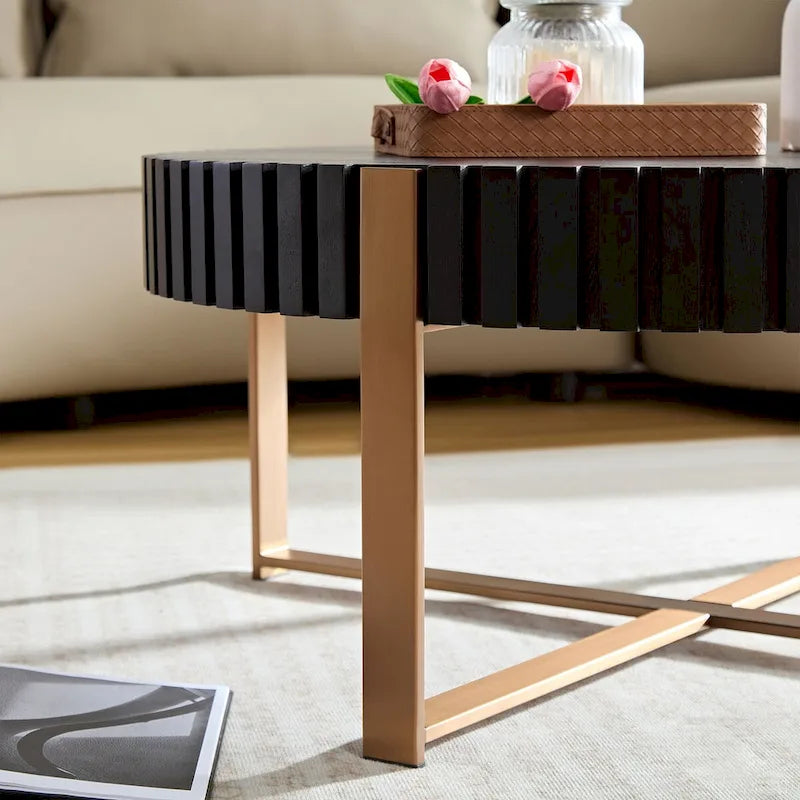Tavolino rotondo a tamburo, 80 cm, piano in MDF con piedistallo in acciaio inossidabile, nero