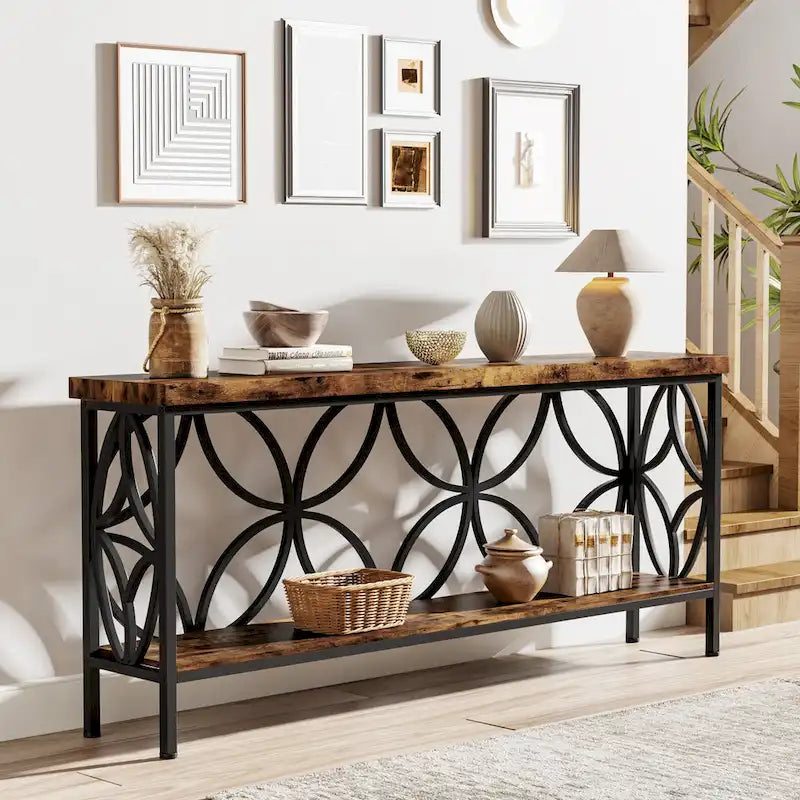 Consolle Extra Lunga con Struttura in Metallo e Ripiano con Finitura Legno - 70.86" L x 11.81" P x 31.88" H