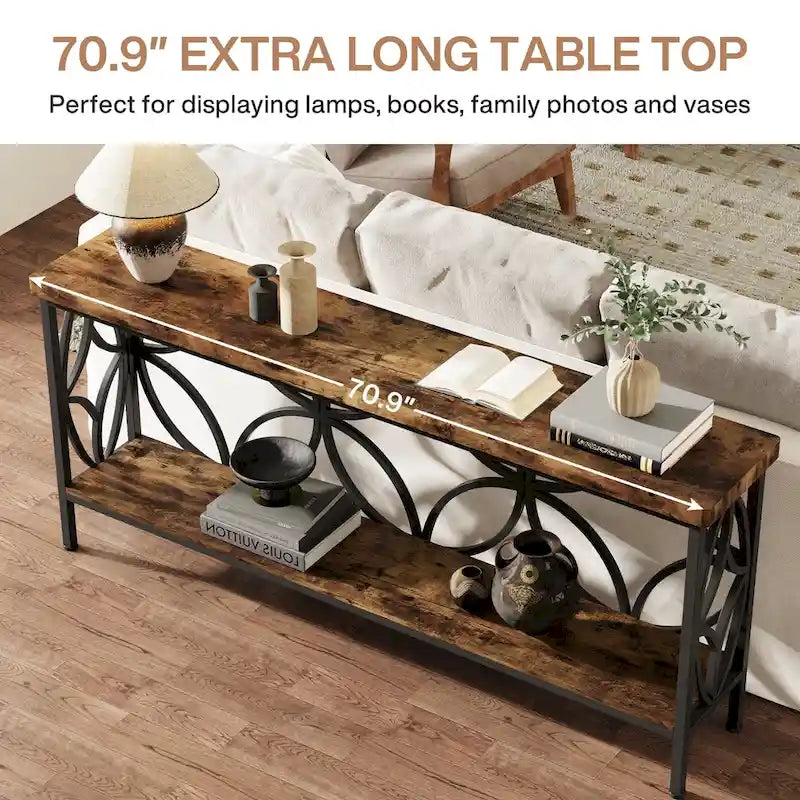 Consolle Extra Lunga con Struttura in Metallo e Ripiano con Finitura Legno - 70.86" L x 11.81" P x 31.88" H