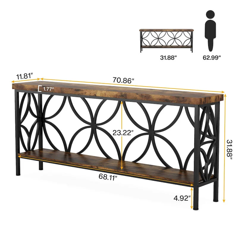 Consolle Extra Lunga con Struttura in Metallo e Ripiano con Finitura Legno - 70.86" L x 11.81" P x 31.88" H
