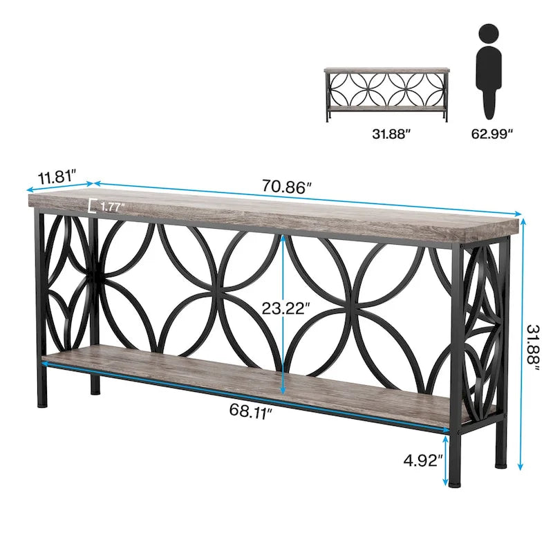 Consolle Extra Lunga con Struttura in Metallo e Ripiano con Finitura Legno - 70.86" L x 11.81" P x 31.88" H