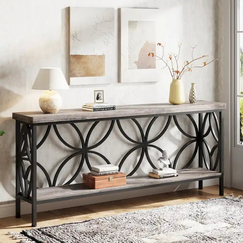 Consolle Extra Lunga con Struttura in Metallo e Ripiano con Finitura Legno - 70.86" L x 11.81" P x 31.88" H